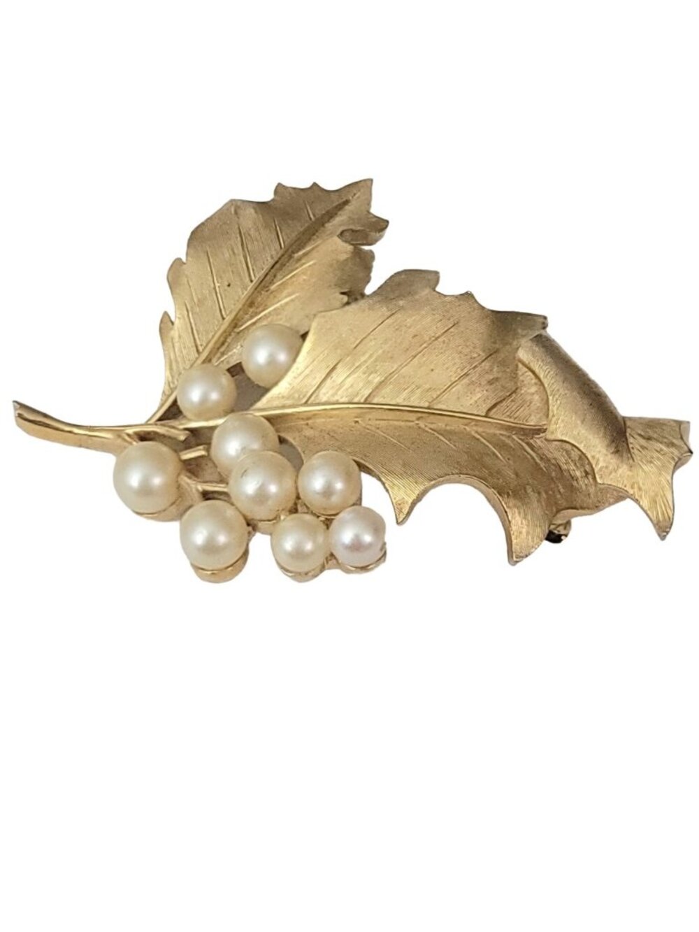 Trifari Crown Over T Gold Tone Faux Pearl Leaf Brooch, Signed
